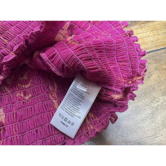 Free People Time For Shine Mesh Cropped Smocked Pink Purple Floral Blouse Top L - Picture 9 of 12